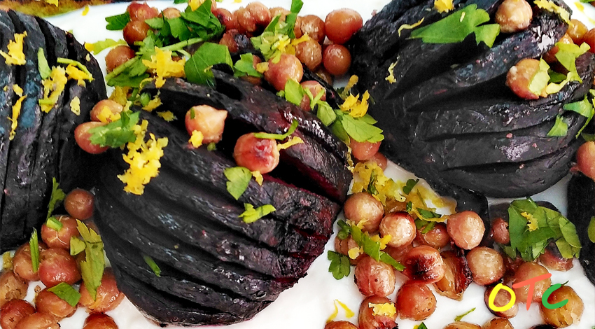 Hasselback Beetroot with Crispy Chickpeas and Roasted Garlic and Lemon&nbsp;Yoghurt